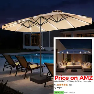 【Solar LED Strip Lights Umbrella】15ft/13ft Large Patio Umbrella, Outdoor Double-Sided Rectangle Umbrella with 12 Bright LED Light Strips for Focused & Brighter Light, Crank & Base Included for Patio Garden Pool Lawn Backyard