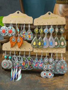 12 Pairs Bohemian Vintage Silver Color Drop Earrings, Geometric Ethnic Pattern, Daily Wear, Parties, All Seasons, Women's Jewelry Set