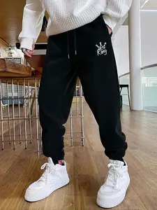 Men's Letter & Crown Print Drawstring Waist Sweatpants, Casual Regular Fit Pocket Jogger Pants for Fall & Winter, Men's Trousers for Daily Wear