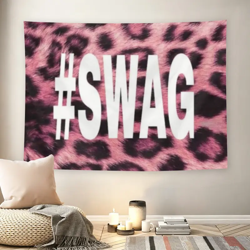 #SWAG Pink Leopard Print Wall Flag, Bold Slogan Tapestry, Mid-century Modern Black Flash Manga Style, Y2K Aesthetic, For Adult Fans, Streetwear Attitude Decor, Bedroom, Living Room, Girly Edgy Vibemusic comics wall flags custom tapestries
