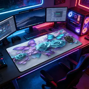 Teal Purple Rose Butterfly Floral Large Extended Gaming Mouse Pad, Non-Slip Rubber Base Stitched Lock Edge Desk Mat, Aesthetic Botanical Artistic Design Desk Pad, Durable Computer Accessory for Home Office & Gaming Setup, Perfect Gift for Gamer & Floral