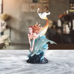 10"H Mermaid Swimming with Dolphin Statue Fantasy Decoration Figurine