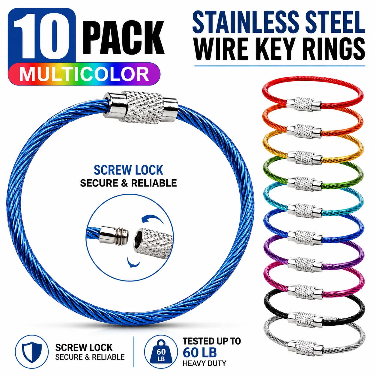 Stainless Steel Wire Key Rings 10 Pack Multicolor Screw Lock Cable Wire Keychains Heavy Duty Cable Loops for EDC Gear Keys Camera Luggage Tag Backpack Camping Travel Supplies