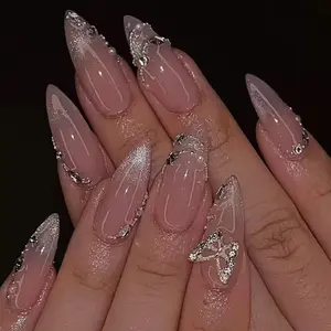 24 Almond Shape Nail Tips, Nude Base with Silver Gradient, Rhinestone Chain & Crystal Butterfly, Reusable Glossy False Nails for Weddings & Parties