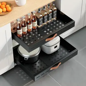 Pull Out Cabinet Organizer, Expandable(11.8"-19.7" W) Slide out Drawers for Kitchen Cabinets Fixed with Adhesive Nano Film, Pull out Shelves for Kitchen Pantry Organization, Black, 1 Pack Racks