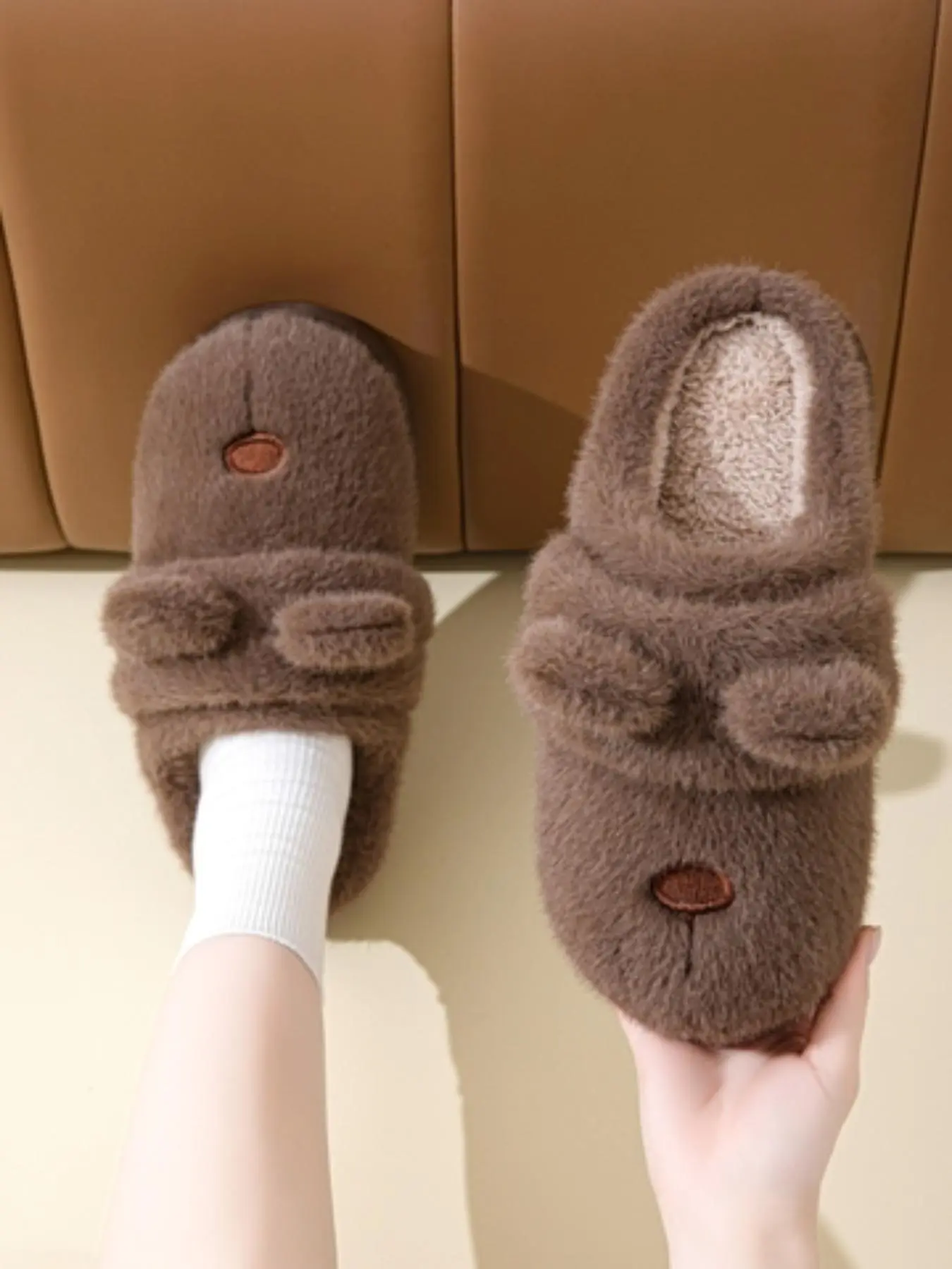 Men's Cartoon Bear Design Plush Slippers, Casual Soft Comfortable Home Slippers for Fall & Winter, Fluffy Bedroom Slippers for Indoor and Outdoor