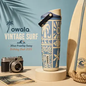 Owala 30oz FreeSip Sway Insulated Water Bottle - Vintage Surf Birthday Bash 2026, Leak-Proof Kitchenware Drinkware