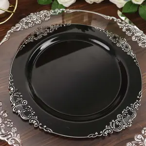 10-Pack Plastic Round Dinner Plates 10" Black with Silver Leaf Embossed Rim - Vintage Baroque Style Disposable Plates