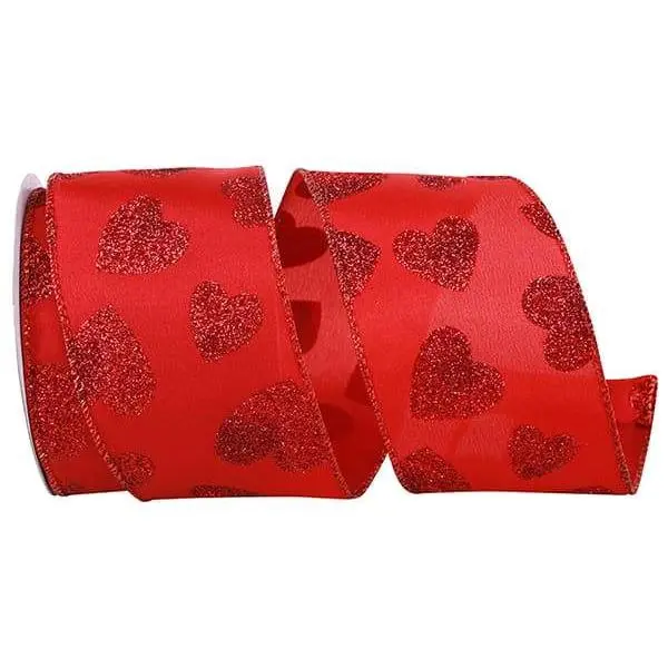Valentine's Ribbon --- 10 yards --- 2 ½ inches -- Red Glitter Hearts Taffeta Wired Edge Ribbon