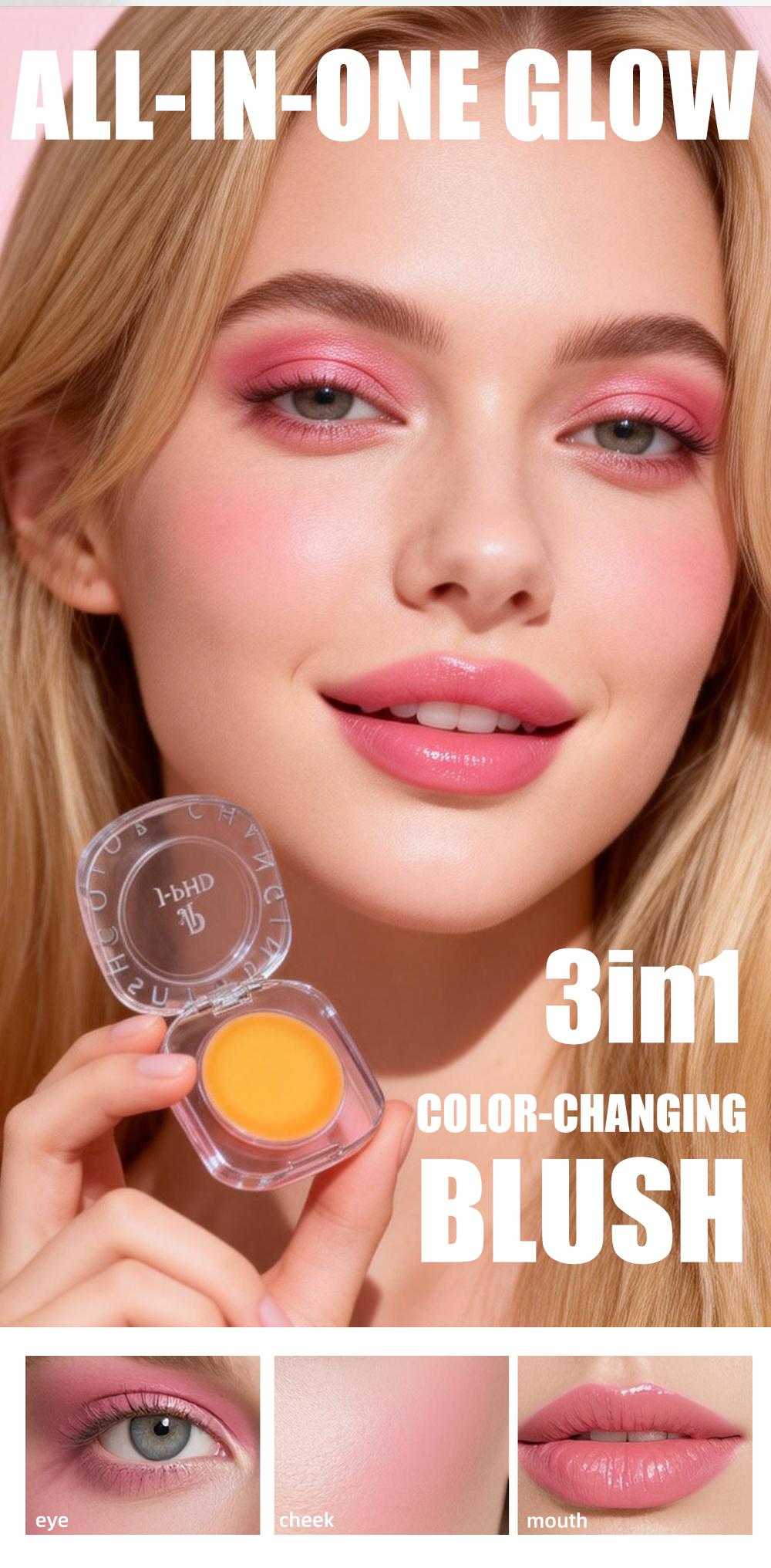 J-PHD Color-changing blush, a magical color-changing powder blush cream that can be used on cheeks, eyes, and lips. It provides long-lasting hydration, brightens skin tone, and has a high-shine yellow cream texture.