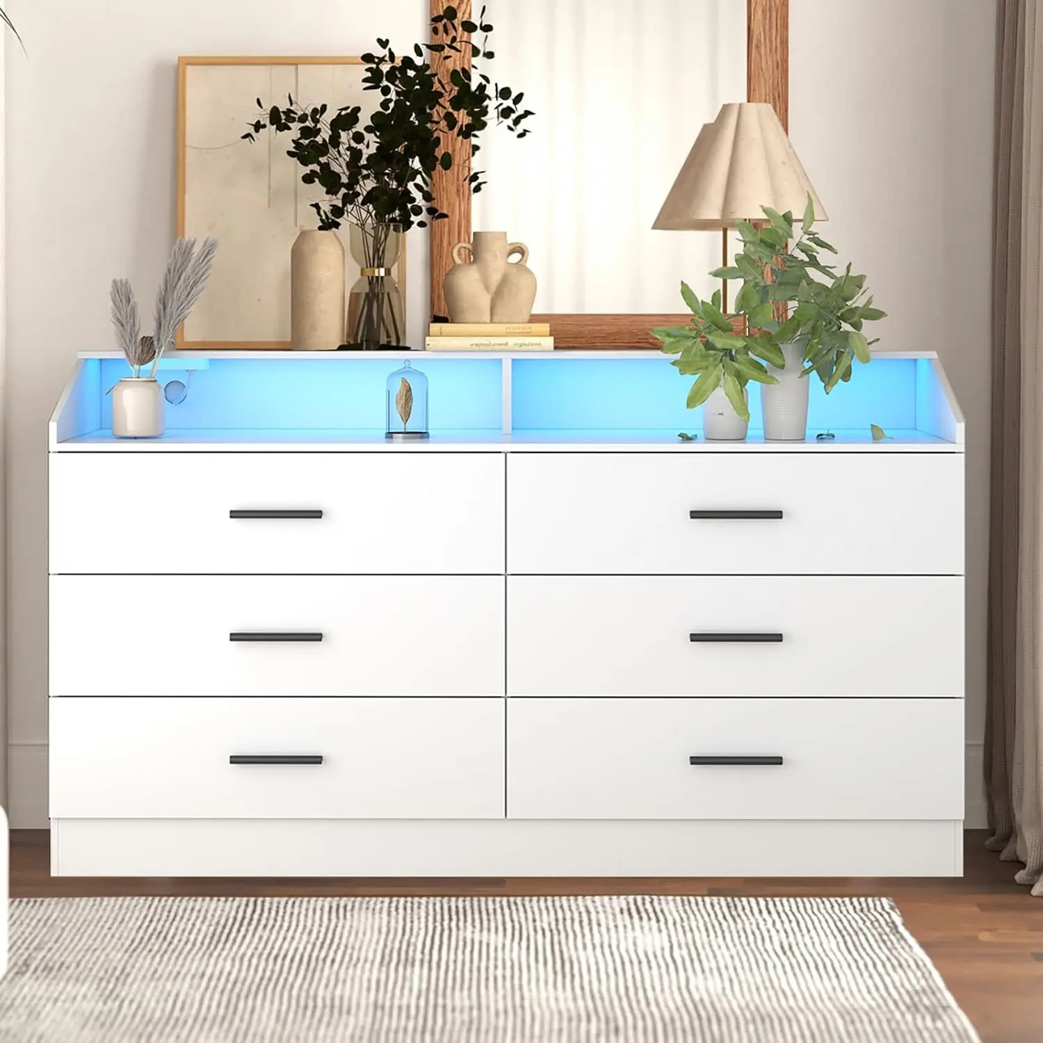 6 Drawers Dresser, Dresser for Bedroom with Power Outlet, Modern Chest of Drawers with LED Light, Storage Dressers with Open Storage Cubby, Dressers Organizer for Closet, Entryway, Living Room, White