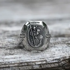 GTHIC St Christopher Protect Us Stainless Steel Cross Ring for Men Statement Jewelry Daily Wear Father's Day Gift