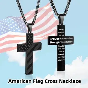American Flag Cross Necklace for Men, Father's Day Graduation Christian Gifts for Him, Stainless Steel Cross Pendant Chain with Bible Verse, Baptism First Communion Pendant Necklace Gifts