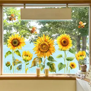 A set (30*60cm*2pcs) hand-painted artificial sunflower clusters spring electrostatic glass stickers for window display decoration and beautification