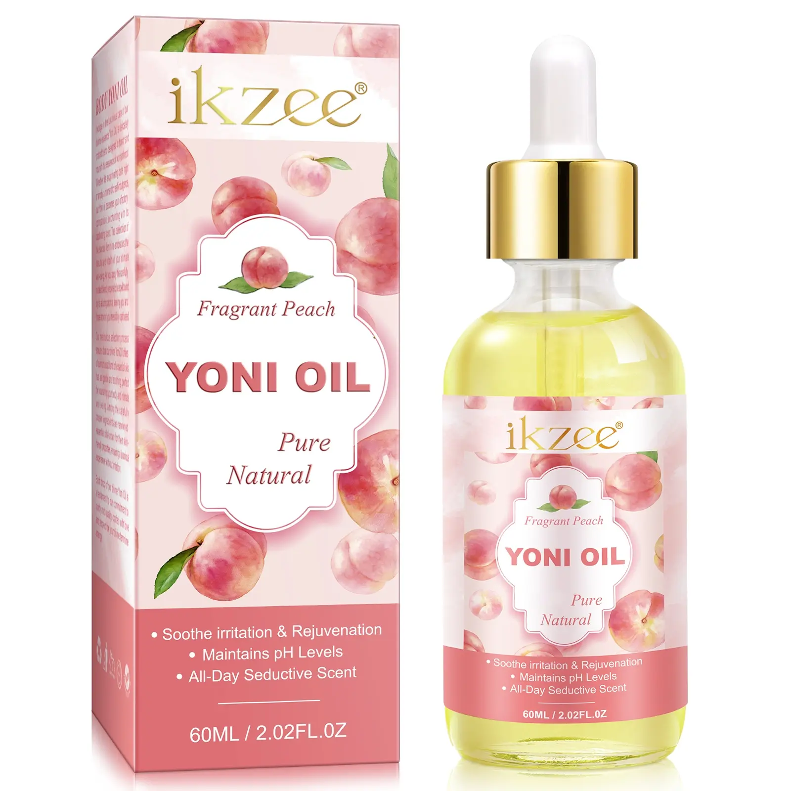 Ikzee Peach Flavor Yoni Oil, Natural Women's Intimate Moisturizing Deodorant, Body Care, Ph Balance, Improves Odor, Rose, Coconut, Jojoba Essential Oil, All-Natural Essence