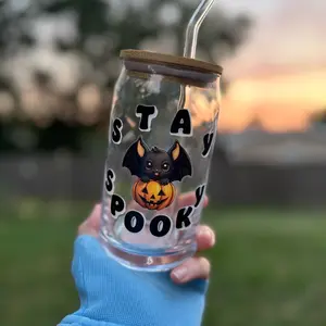 16oz Glass Cup with Bamboo Lid and Glass Straw - Eco-Friendly and Spooky Design - Drinkware Reusable cups acrylic tumblers washable mug glass cup friend gift