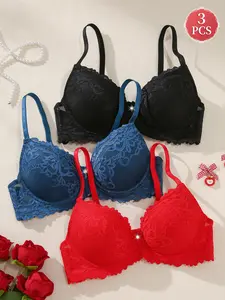 Women's Sexy Chic Lace Underwire Everyday Bra Set, Comfortable Full Coverage, Adjustable Strap, Elegant Ditsy Floral Design, All Seasons Wear, Underwear