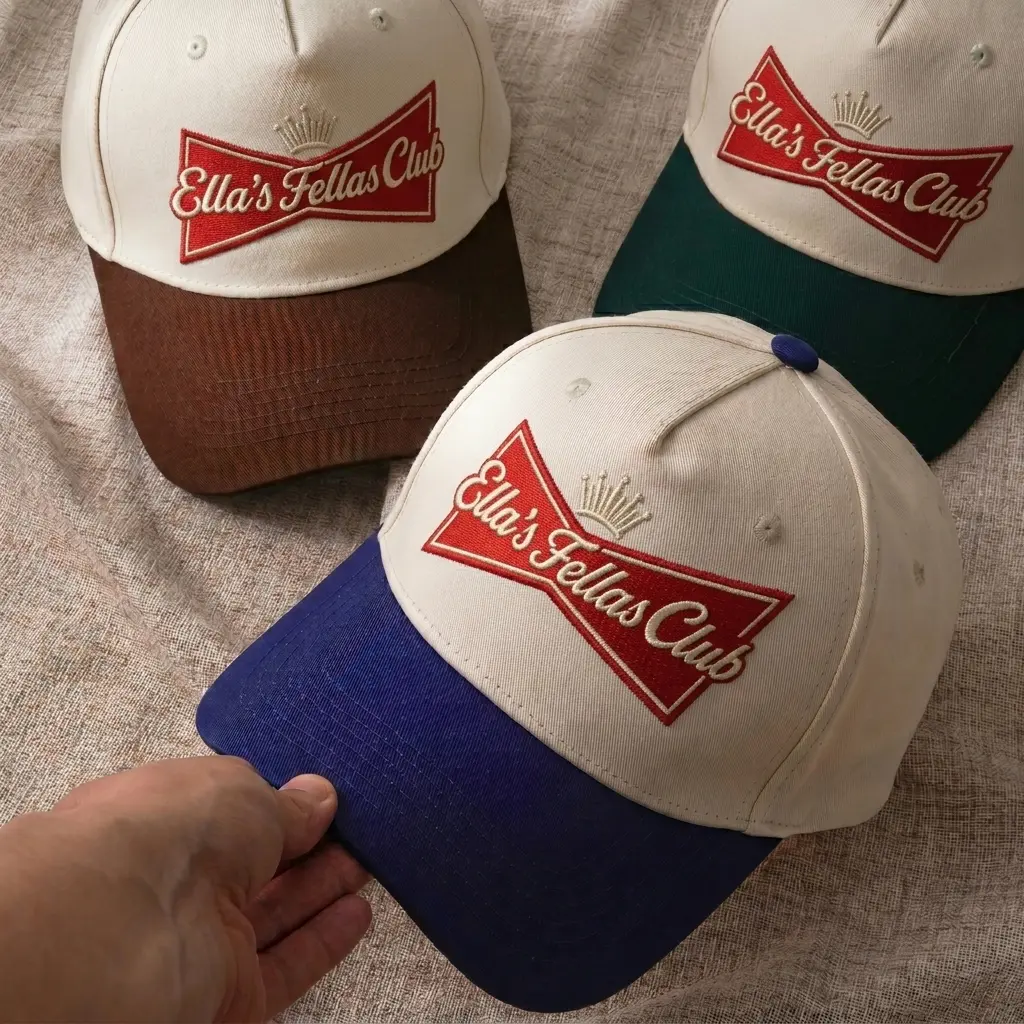 Ella’s Fellas Club Budweiser Bowtie Inspired Embroidered Trucker Hat, Red Cream Beer Style Two Tone Snapback Cap, Vintage Lake Day Boat Hat, Summer Party Baseball Cap, Funny Retro Beer Lover Gift for Men Women, Vacation Cap