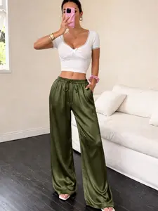 Olive Satin Wide Leg Pants, Elastic Waist Drawstring, Flowy Slimming Casual Long Trousers, Comfortable and Stylish Bottoms