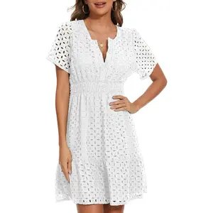 Women Summer Eyelet Lace Dress Casual V Neck Mini A Line Hollow Out Embroidered Formal Dress Sundresses