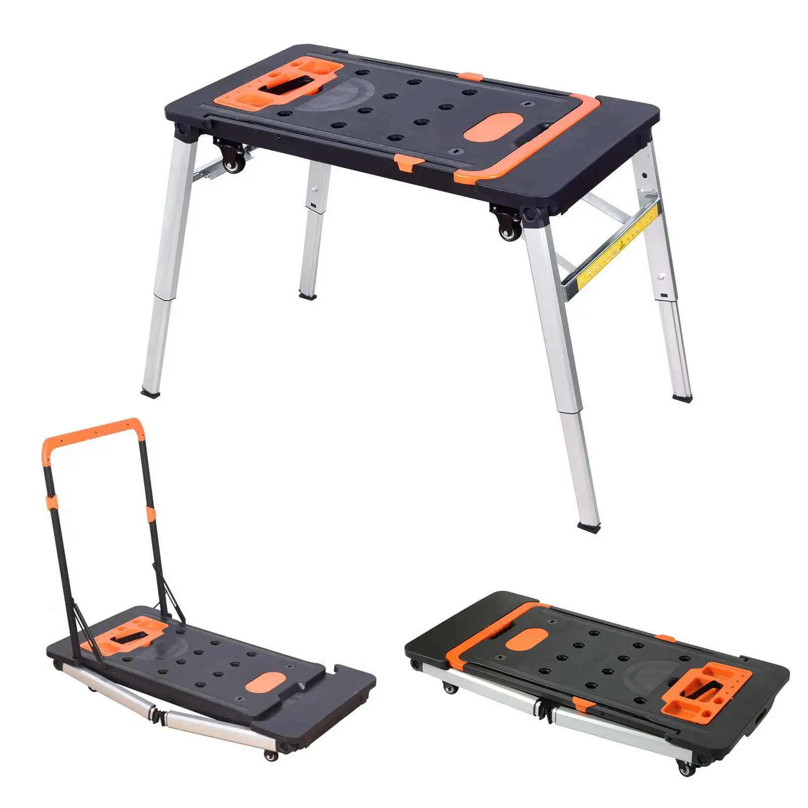 LEADALLWAY 7-in-1 Folding Workbench Foldable Table with 550lb Steel Frame, 2-Level Height-Adjustable Mobile Saw Horse, Compact Space-Saving Easy Setup, Multi-Use for DIY Users, Stair Climbing Wagon for Groceries