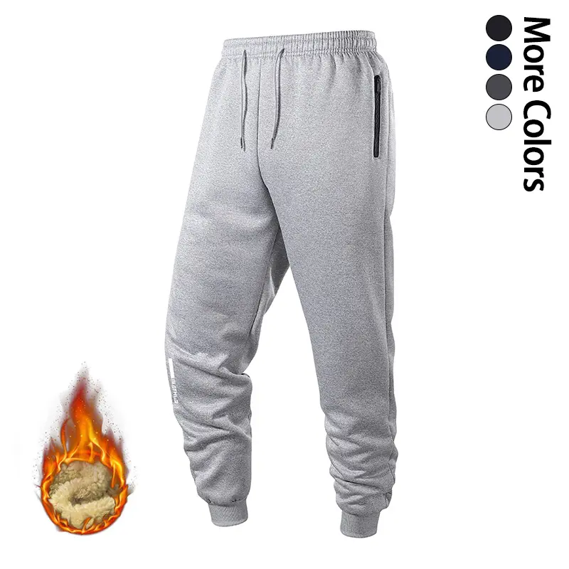 Men’s fleece-lined jogging pants with elastic drawstring, warm winter casual sports long pants featuring zippered pockets