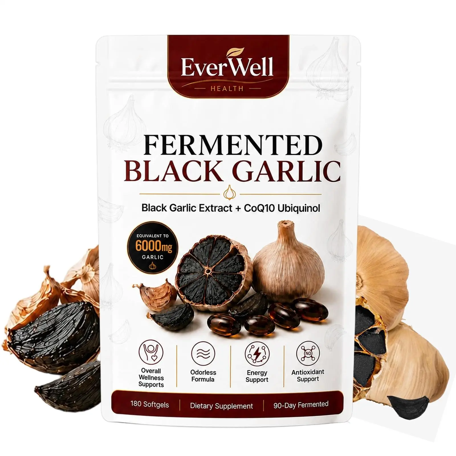 1-5 Pack Everwell Aged Black Garlic & CoQ10 Ubiquinol, 180 Softgels, Odorless Vegan Non-GMO Formula
