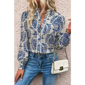 Sky Blue Bohemian Printed Bishop Sleeve Lace Shirt