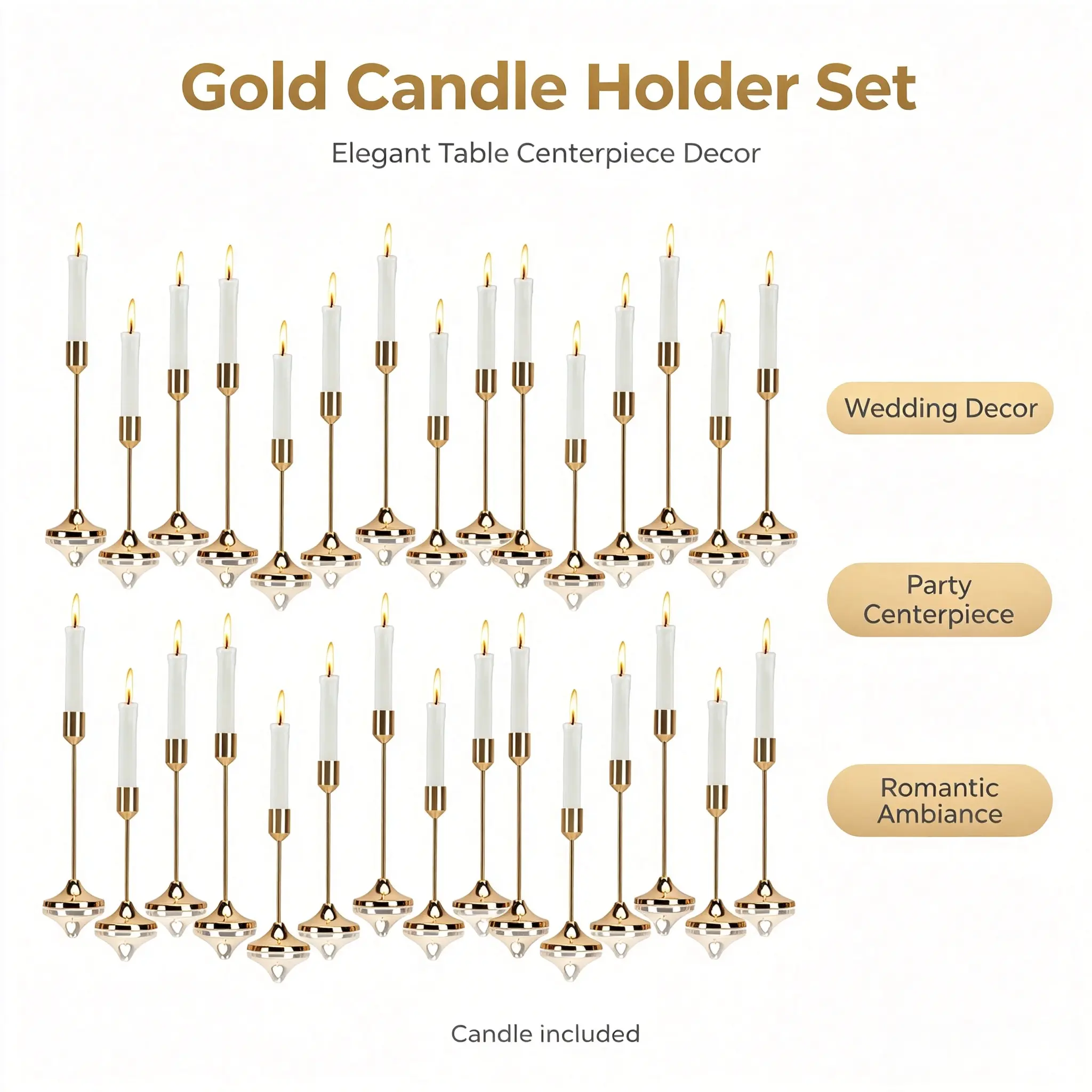 30-Piece Vintage Gold Metal Taper Candle Holders Bulk, Elegant Home Decor Table Centerpieces for Wedding, Christmas, Candles Not Included