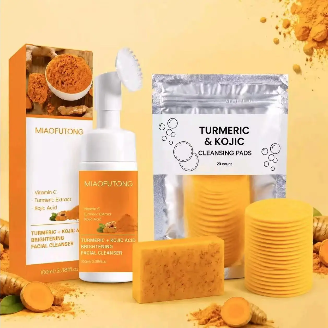 Turmeric Face Pads 20 Pcs, Turmeric Soap & Turmeric Face Wash with Brush | Tumeric Toner Pads for Face and Body, Lemon Tumeric Soap Bar, Turmeric Skin Care Set for All Skin Types