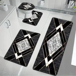 3pcs/4pcs Fashionable And Easy Black Background Stitching Geometric Pattern Bathroom Mat,Non Slip Absorbent Soft Microfiber Bathroom Mats with Toilet Lid Cover & Contour Rug, Machine Wash
