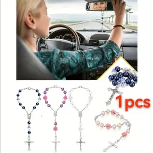 1ppcabs car rosary mirror, rearview mirror beads, rose medals, prayer beads, interior decoration, Car Interior Decorative, cross hanging accessories, suitable for women and men, Car Ornament, Car Trinkets, Car Accessory