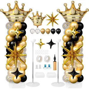 Black and Gold Balloon Column Stand Kit Balloon Stand Kit for with Star Foil Balloons 100 Latex Balloons for Birthday Wedding Decorations (Black and Gold)