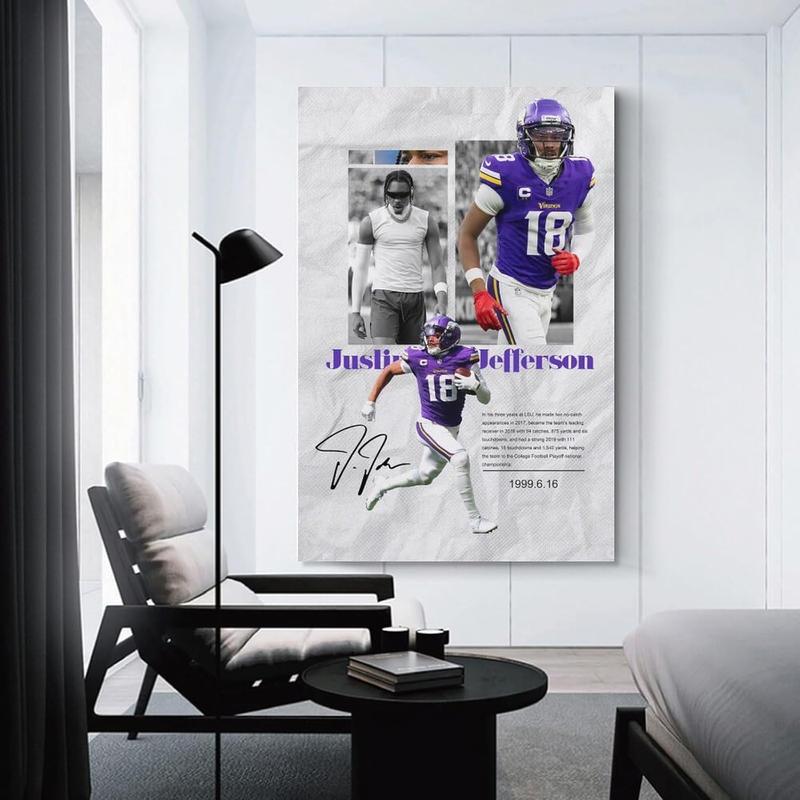 Justin Jefferson Poster American Football Sports Canvas Wall Art Teen Birthday Gifts Decor Canvas Painting Wall Art Poster for Bedroom Living Room Decor