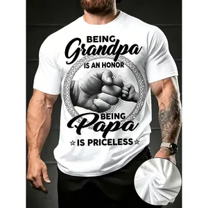 Men's Retro Crew Neck T-Shirt- Father's Day Gift Idea- "Being a Grandpa Is an Honor, Being a Dad Is Priceless" Slogan- Black Background with White Letters- Regular Fit Plus Size Tall Style- Machine Washable Birthday Anniversary Shirt- Family Pr