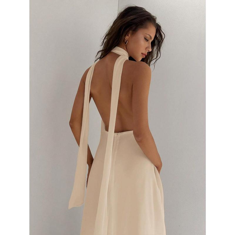 SHEIN x Lore Improta Aloruh Women's Deep V Neck Backless  Flowy Chiffon Dress For Wedding Party, Spring Summer