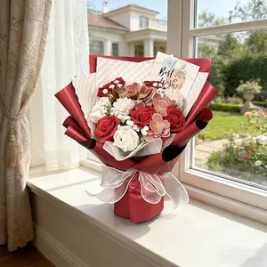 Red White Artificial Flower Bouquet with "Best Wishes" Card, Elegant Silk Rose Bouquet for Wedding, Anniversary, Valentine's Day & Graduation, Perfect Gift for He