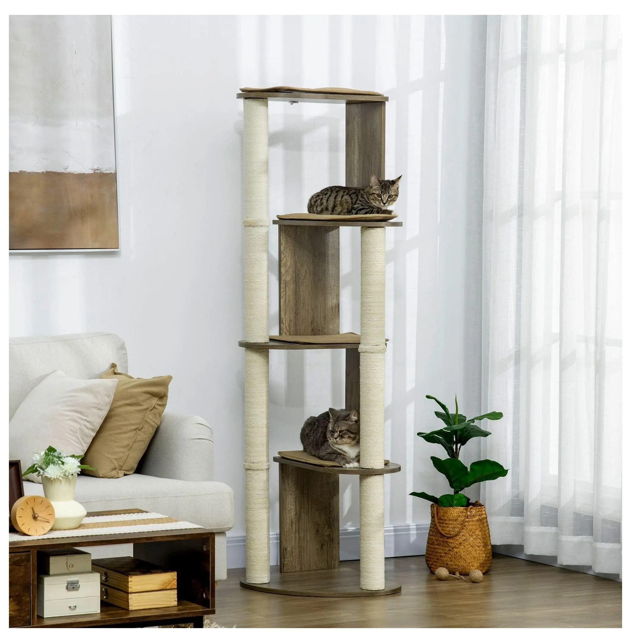 65" Corner Cat Tree Tower, Modern Kitten Climbing Tower with Scratching Posts, Small Cat Condo for Indoor Cats, Cream White