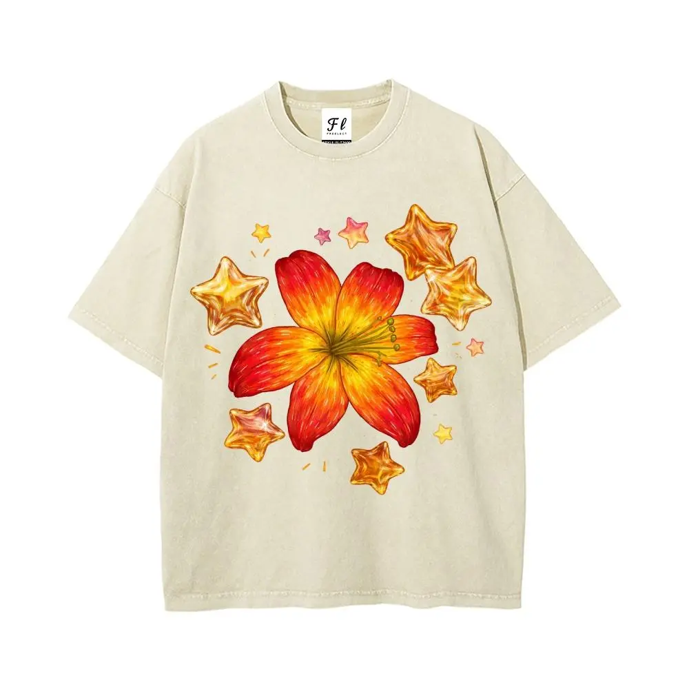 Vintage Retro T-Shirt with Orange Lily Graphic, Unisex Washed 100% Cotton Casual Short Sleeve Daily Top, Tshirt, Lily Floral Print Men's Short-Sleeve T-Shirts, Shortsleeve, All Seasons, Machine Washable, Fabric, Menswear
