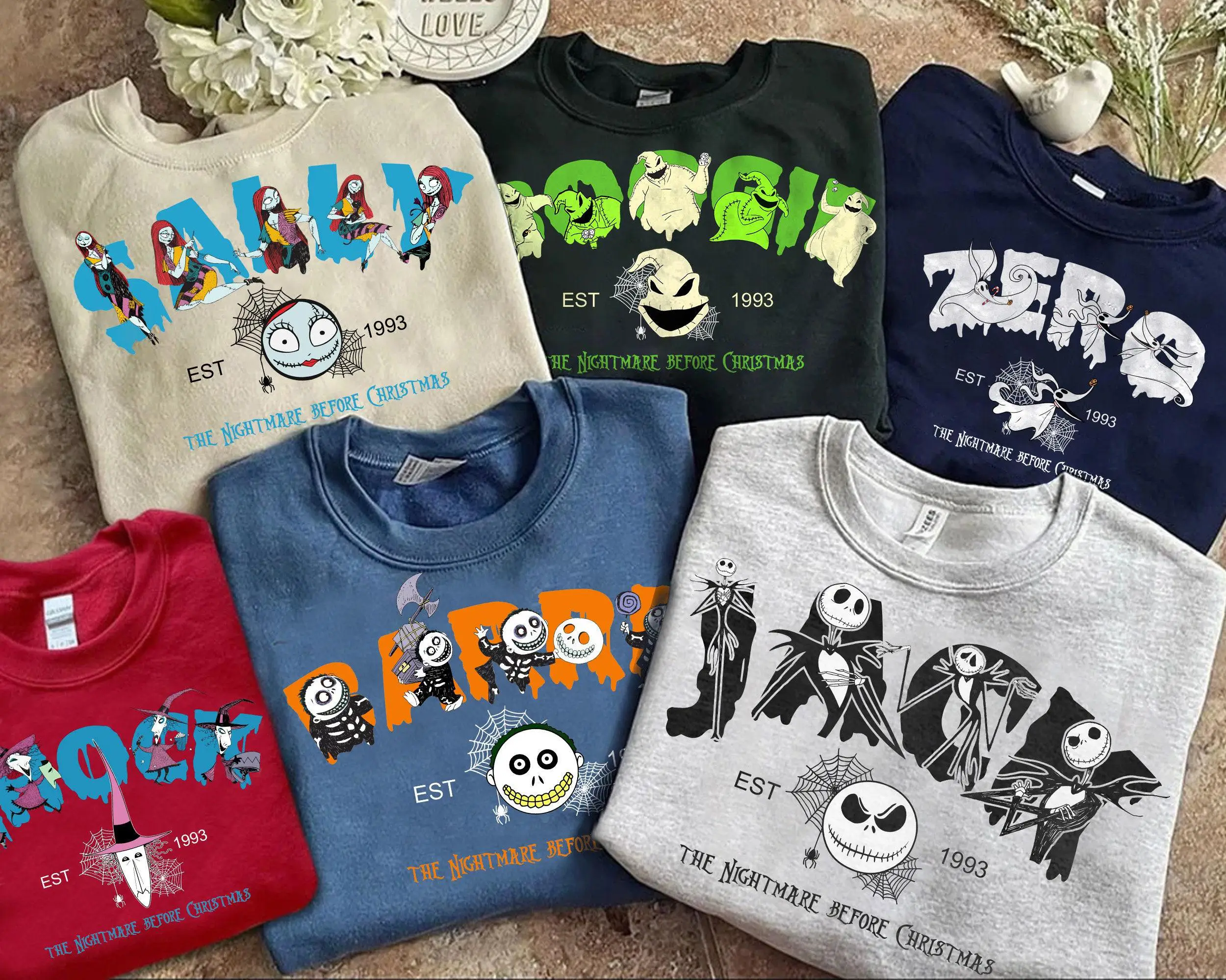 Nightmare Before Xmas Characters Group Sweatshirt, Nightmares Before Christmas Est 1993 Sweatshirt, Oogie Boogie Crewneck Sweater, Retro Halloween Swe