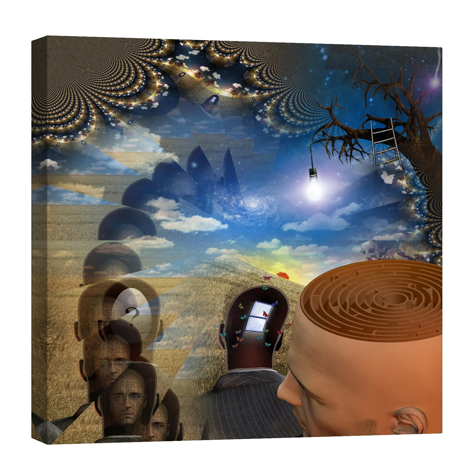 Surreal Nested Heads Collage Glow in the Dark Canvas Wall Art Office