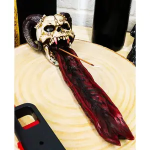 Ebros Goth Vampire Fanged Ram Horned Skull Demon Tongue Incense Stick Holder Figurine