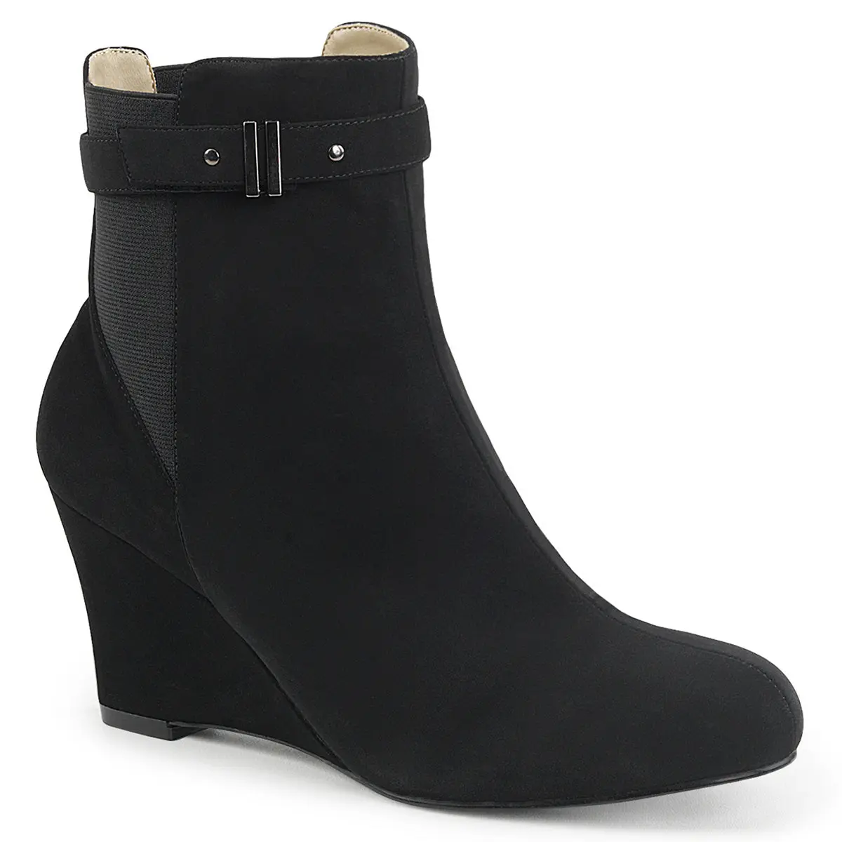 Women's Plus Size Kimberly-102 Ankle Boots in Black Nubuck Suede, Pull-On Footwear with a 3-in Wedge Heel