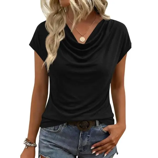 Fisoew Women's Dressy Short-Sleeve Cowl Neck Sleeve Shirt - Basic, Comfortable, Minimalist Business Casual Women's Tops for 2026 Spring Summer Work Office Style Wear