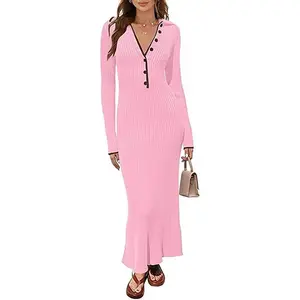 MEROKEETY Women’s Long Sleeve V-Neck Sweater Dress – Button Down Ribbed Knit Slim Fit Maxi Dress, Elegant Fall & Winter Outfit 2025