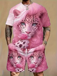 Men's Plus Size 3D Geometric Print T-Shirt and Short Set, Polyester Fiber, Summer Sports, Party, Travel Gift, Loose Fit