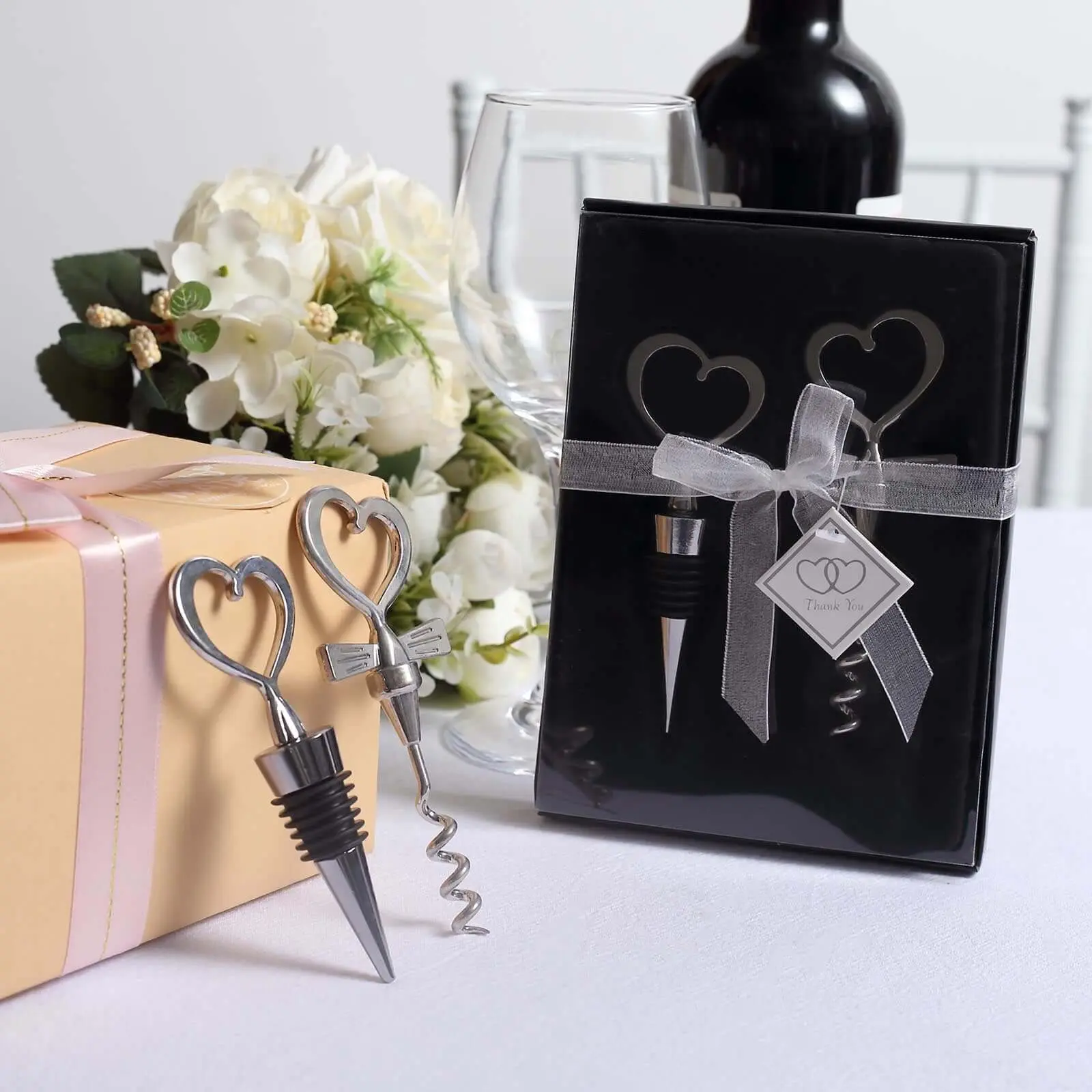 Silver Metal Heart Wine Opener & Cork Stopper Kitchen Utensil Set - 4.5" & 5" Party Favors, Bridal Shower Thank You Gifts, Birthday Party Souvenirs in Velvet Box, Birthday Parties