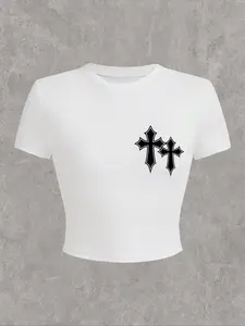 Women's Cross Print Round Neck Crop Tee, Casual Short Sleeve Crew Neck T-shirt for Summer, Fashion Women's Top for Daily Wear