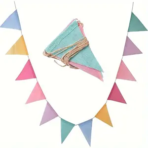 6 Color 12 Piece Hemp Fabric Triangle Flags, Wedding Party Decoration Banners, Vibrant Multicolor Triangular Design, Ideal for Festivals and Celebrations