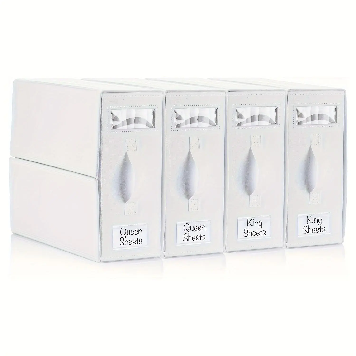 Bedding Drawer Organization Bundle: 4-Pack Sheet Organizer, Folding Box Container, Linen Closet Drawer Organizer for Sheets, Duvet Covers, And Pillowcases (White with Circle Window) Laundry Storage Organization